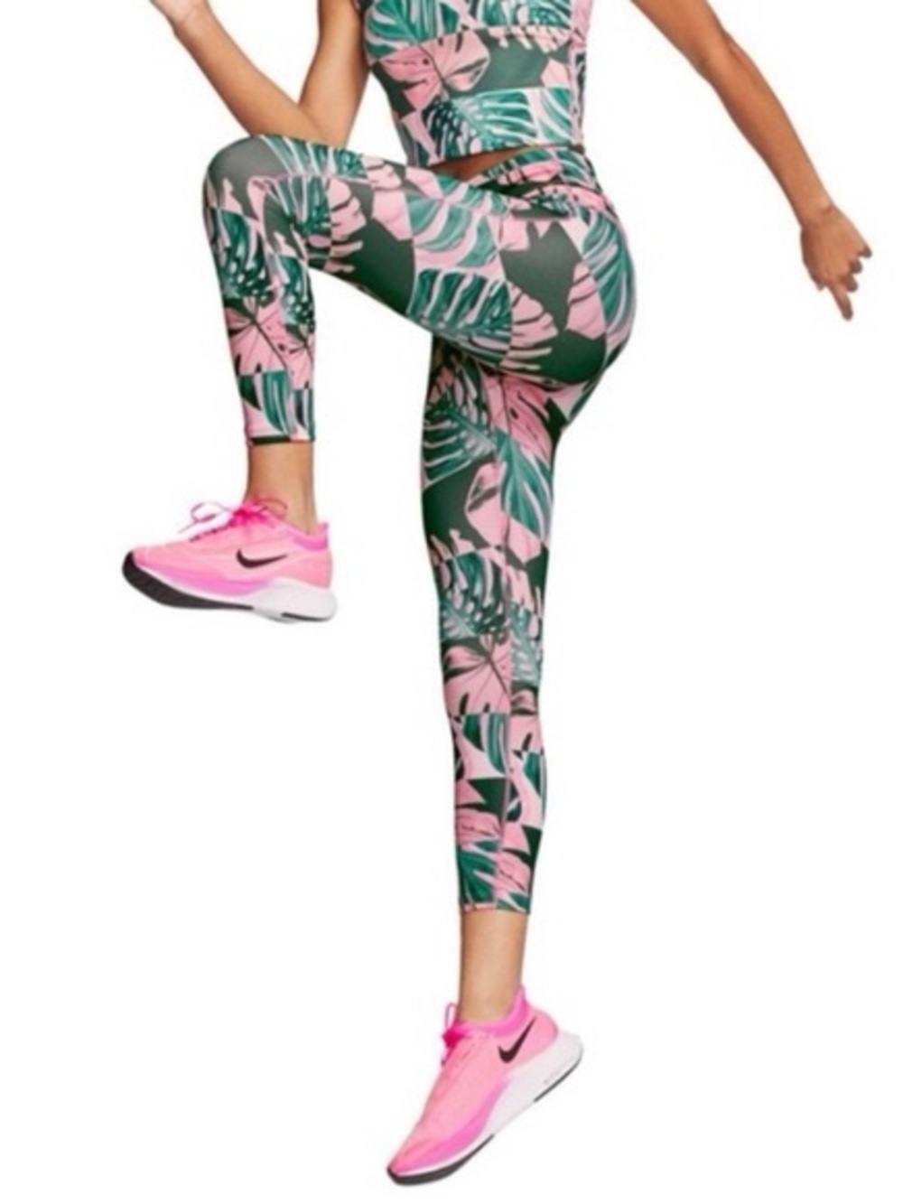 Nike Dri-FIT Leaf-Print Leggings in Pink & Dark Green